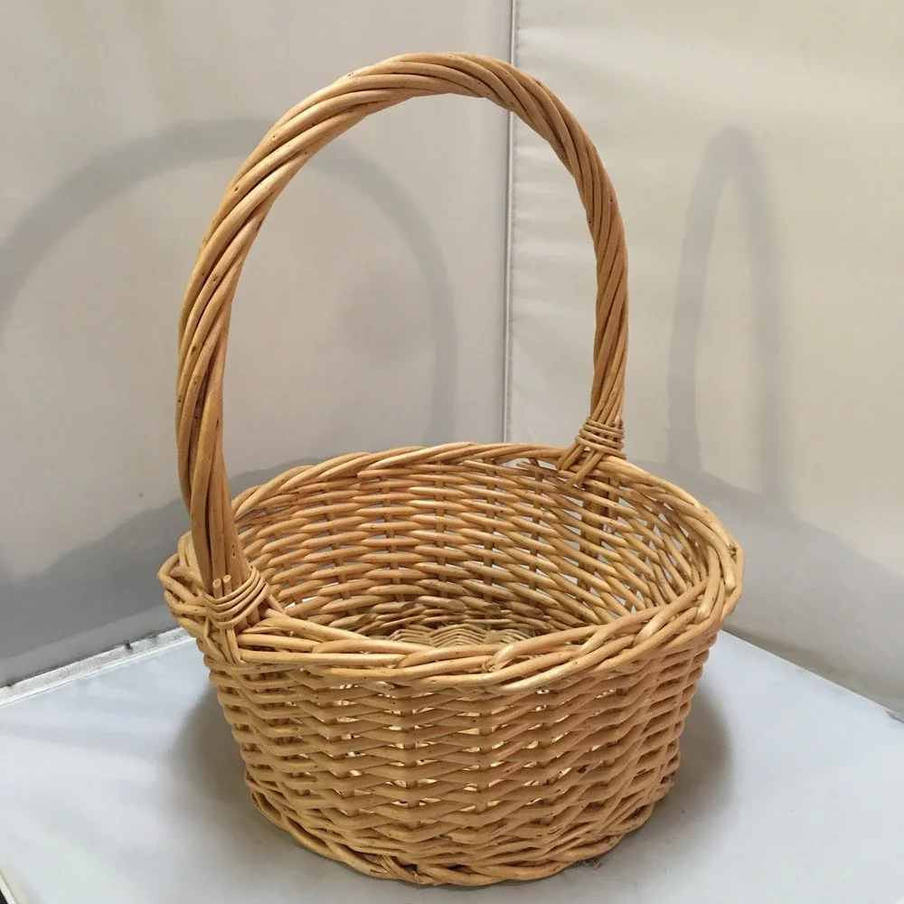 Wicker Round Basket Unisex Medium Tan Woven Willow with Handle Cottagecore
